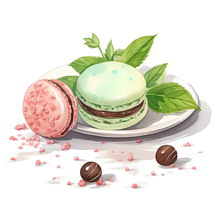 Green and pink macarons with mint leaves