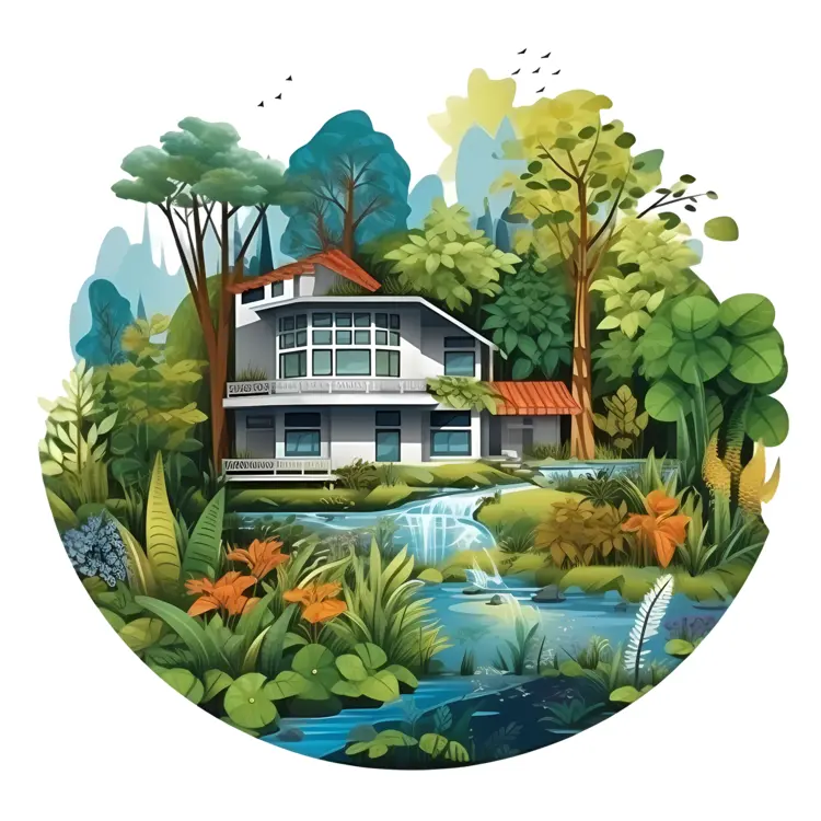 Scenic House in Forest with Waterfall