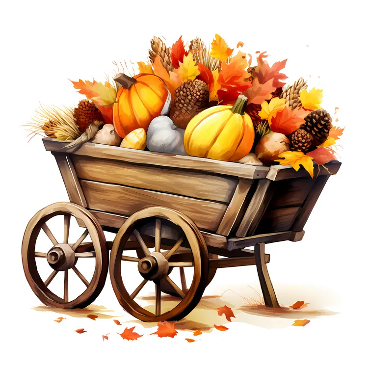Autumn Harvest Cart with Pumpkins and Pinecones