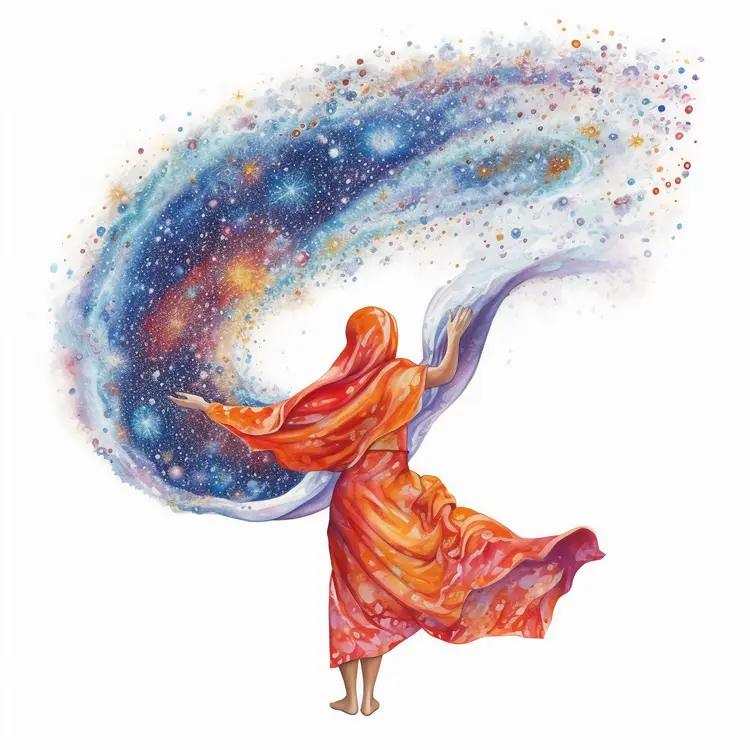 Woman in Colorful Dress with Cosmic Galaxy