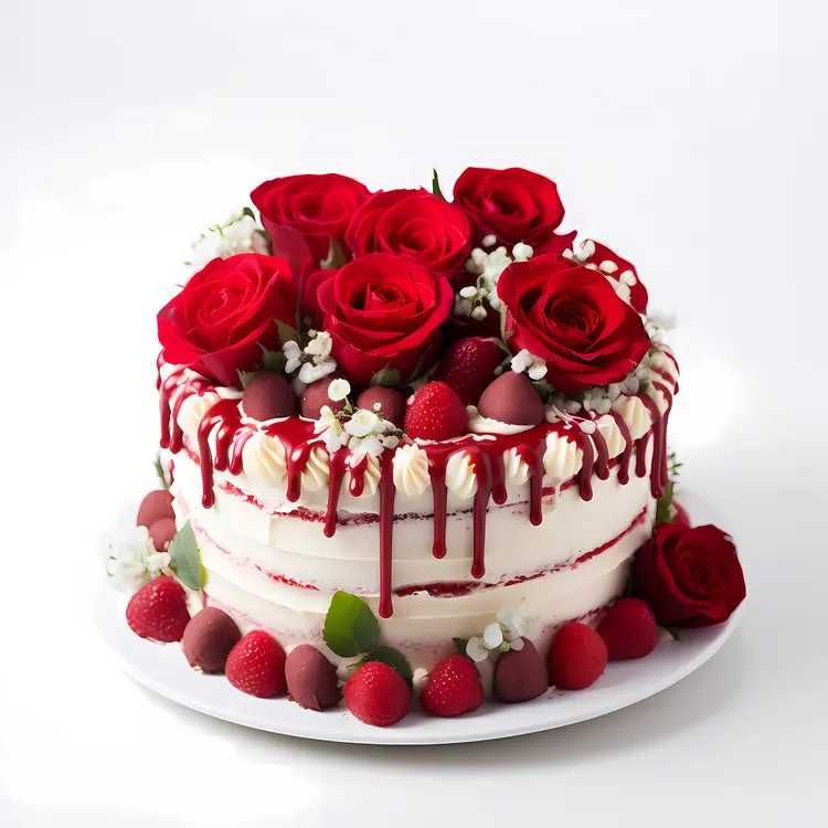 Rose-decorated Cake with Red Roses and White Icing