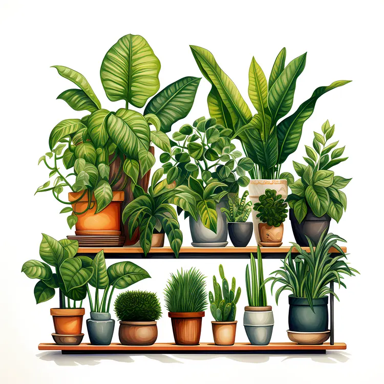 Variety of Potted Plants on Shelves