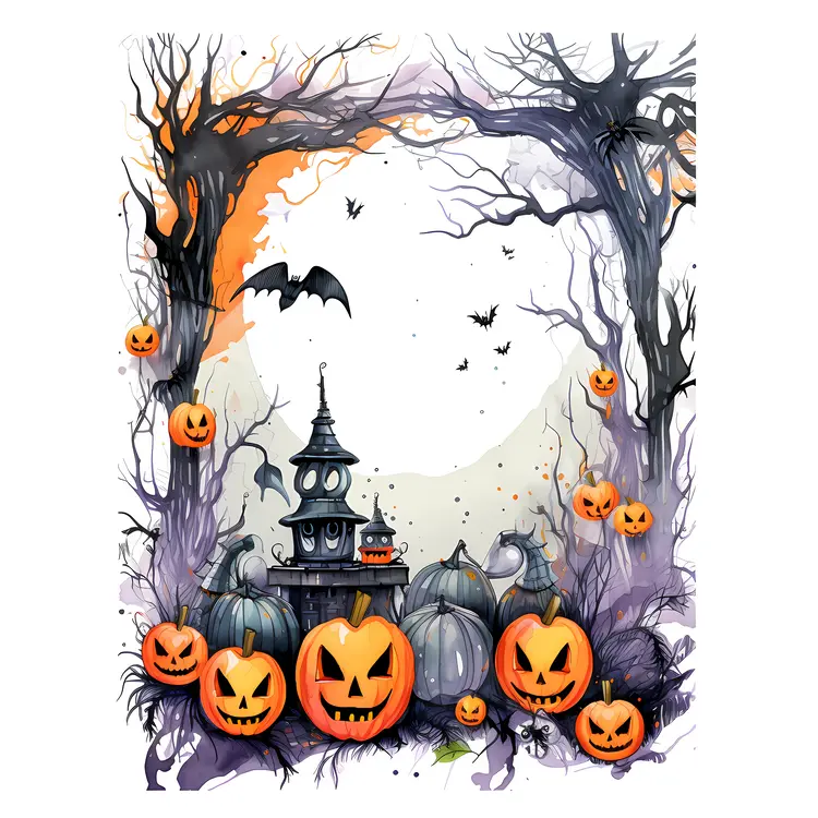 Spooky Haunted House with Pumpkins