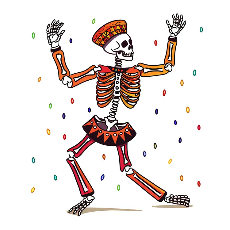 Dancing Skeleton with Hat and Confetti