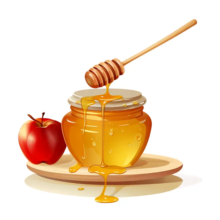 Honey Jar and Red Apple on Wooden Plate