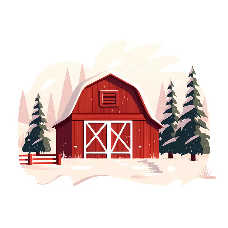 Red Barn in Snowy Winter Landscape