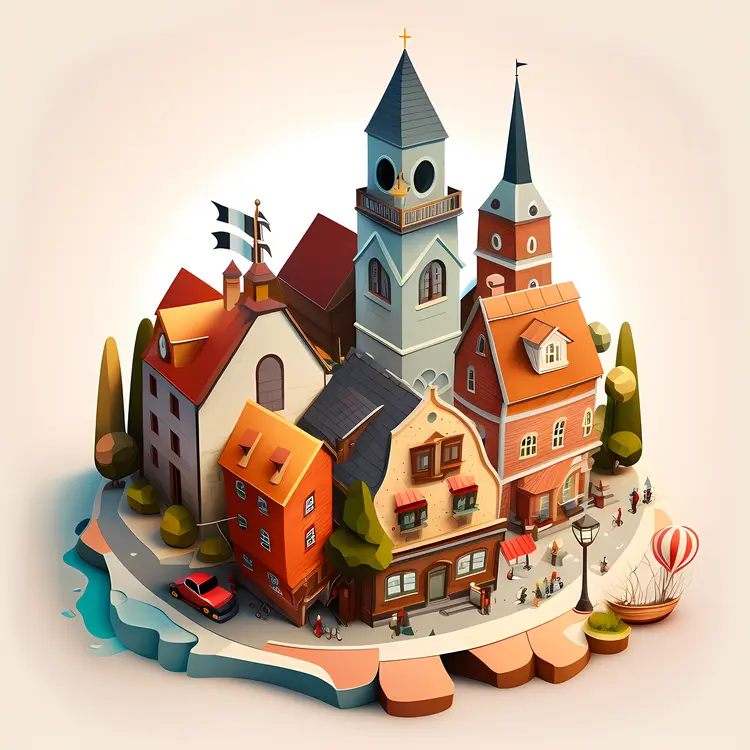 Charming Town Buildings with Clock Tower