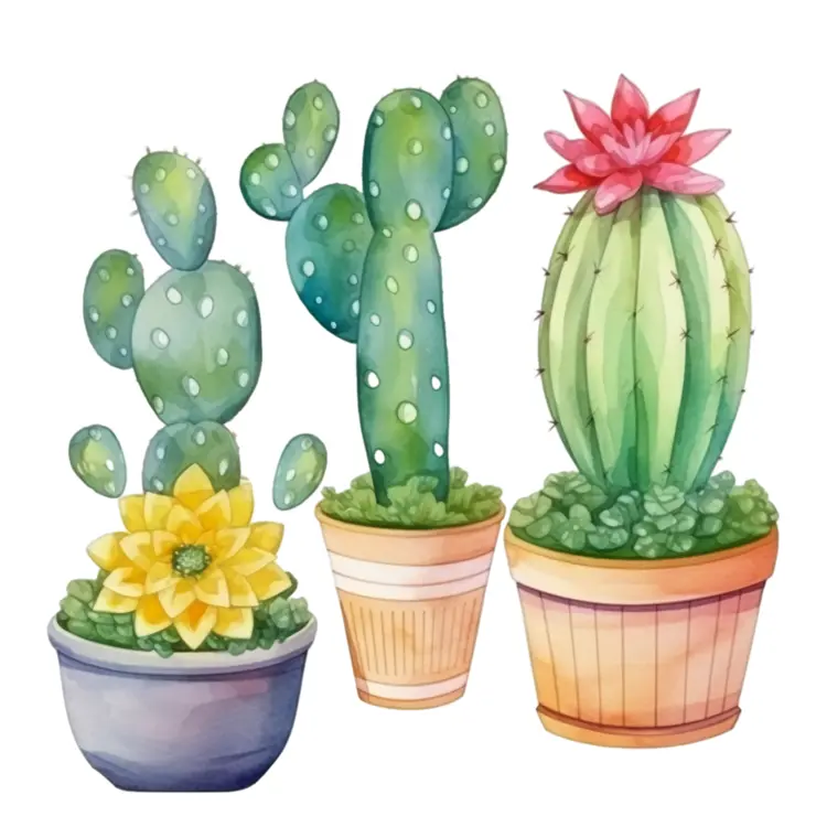 Colorful Potted Cacti with Flowers