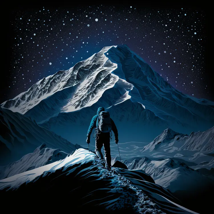 Climber on Snowy Mountain Under Starry Night