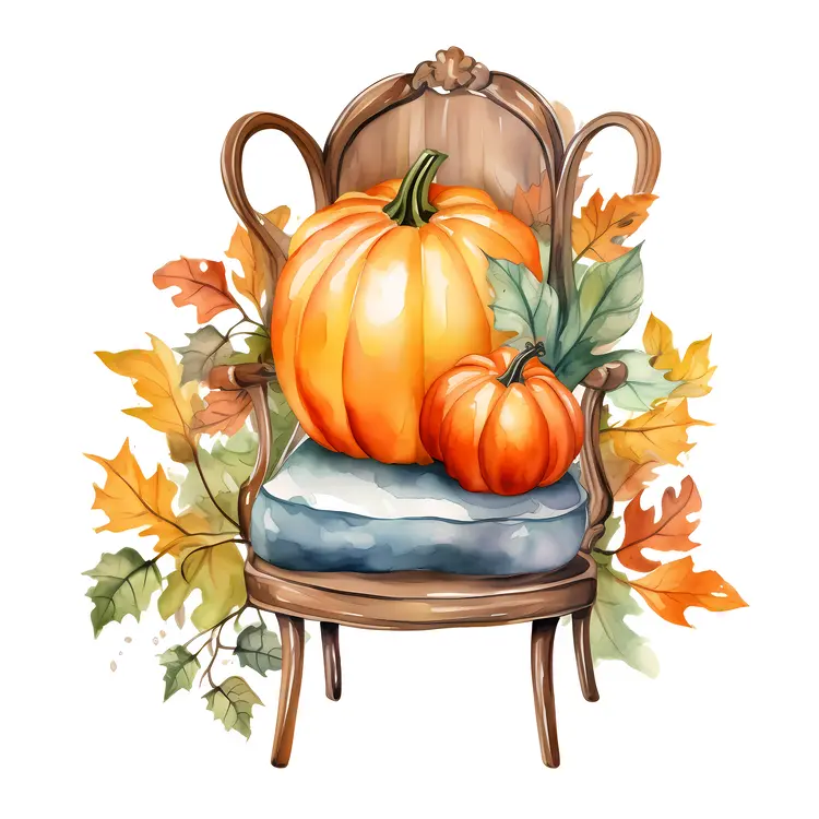 Pumpkin on Elegant Chair with Autumn Leaves