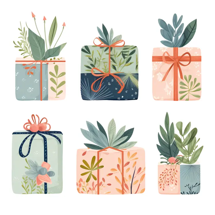 Beautiful Gift Boxes with Plants and Ribbons