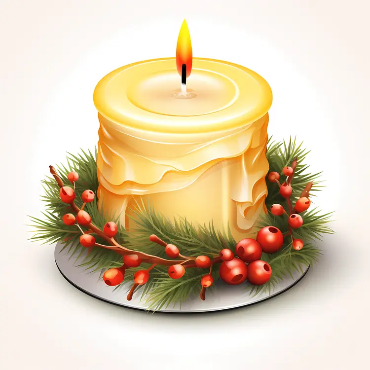 Yellow Candle with Holly and Berries