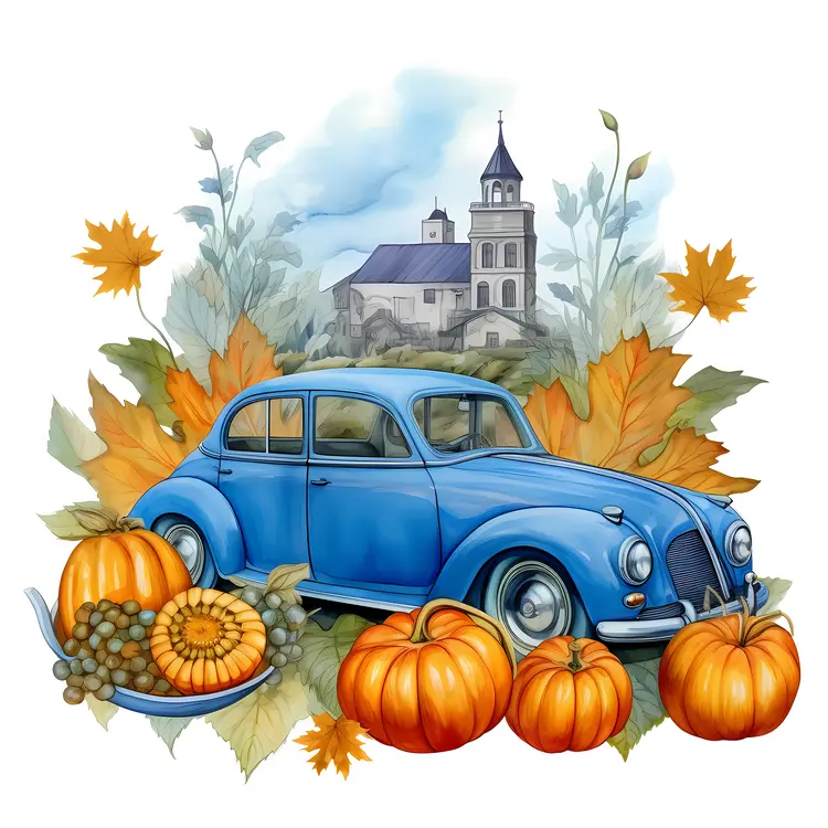 Blue Vintage Car with Pumpkins and Church