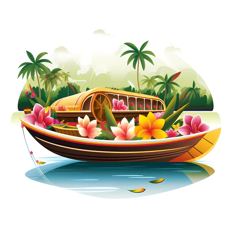 Houseboat with Pink and Yellow Flowers on River