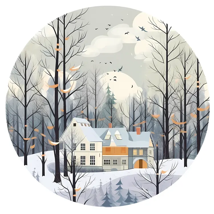 Snowy House in Winter Forest at Night