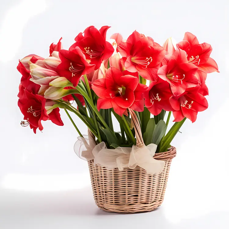 Red Amaryllis Flowers in a Basket