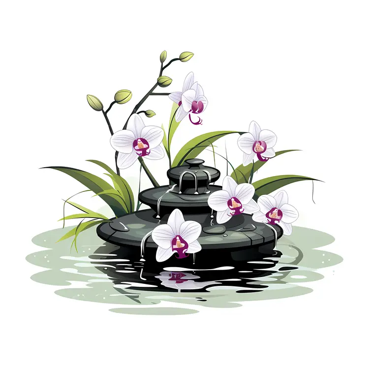 White Orchids and Fountain in Zen Arrangement