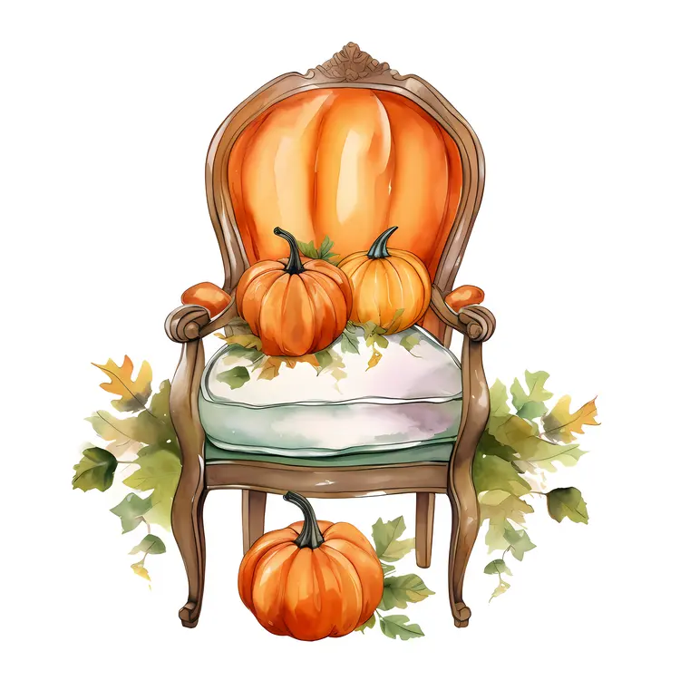 Pumpkin on Chair with Green Cushion and Autumn Leaves