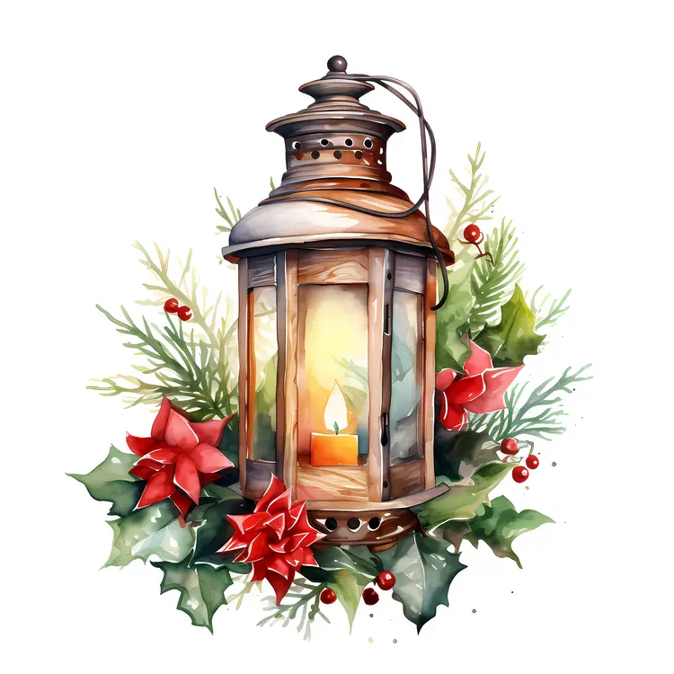 Lantern with Poinsettias and Holly for Christmas