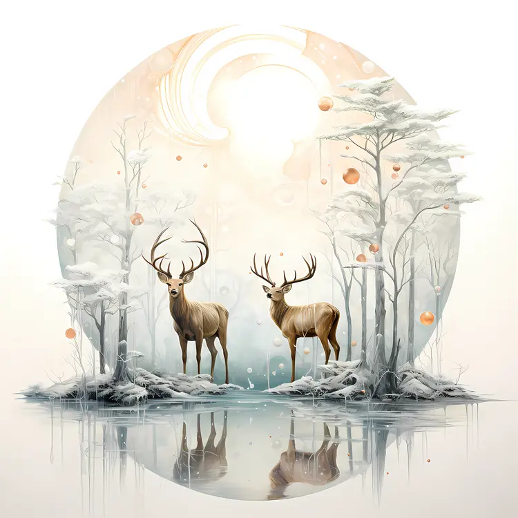 Two Deer in Winter Forest