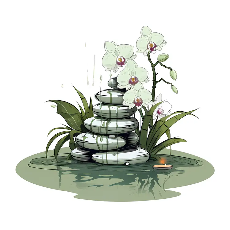 White Orchids and Stones in Zen Garden