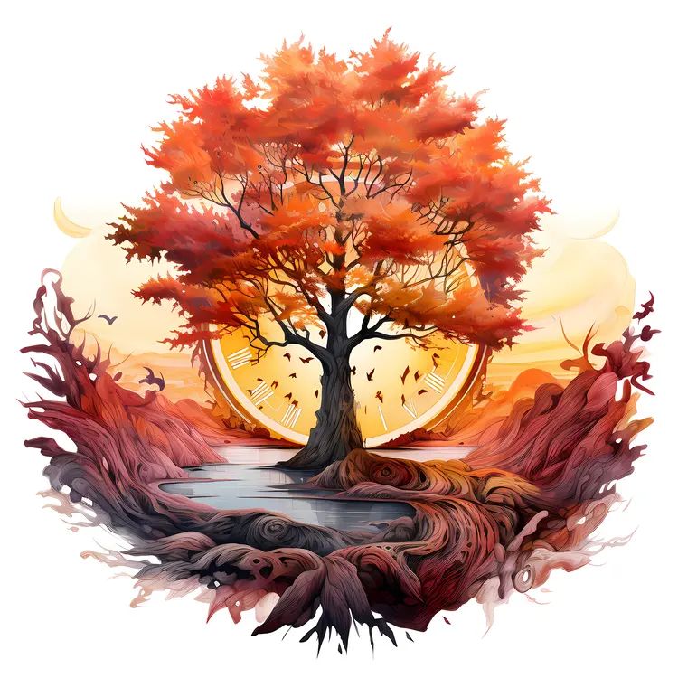 Red Tree with Clock in Autumn