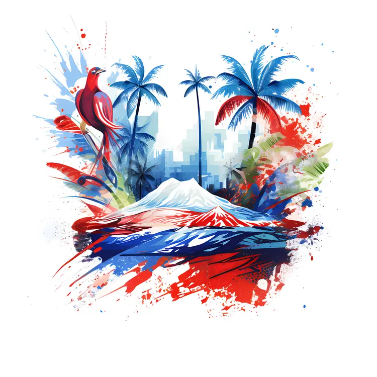 Colorful Tropical Landscape with Bird and Palm Trees
