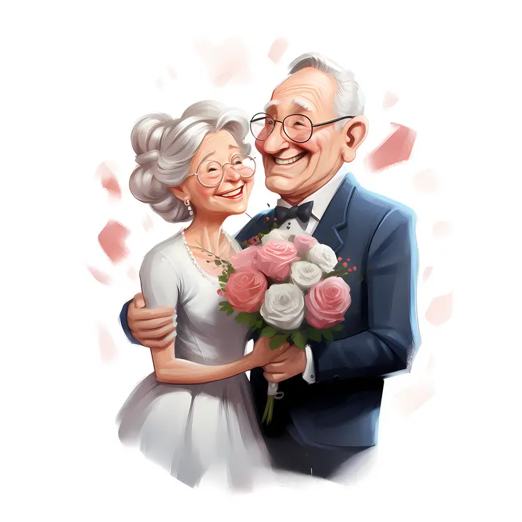 Elderly Couple with Wedding Bouquet