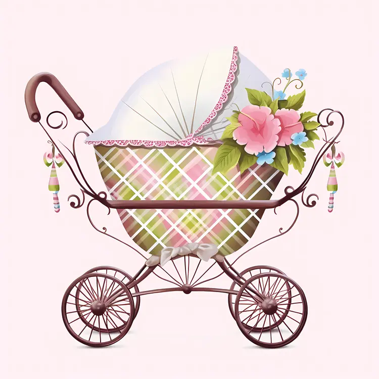 Vintage Baby Stroller with Floral Decoration