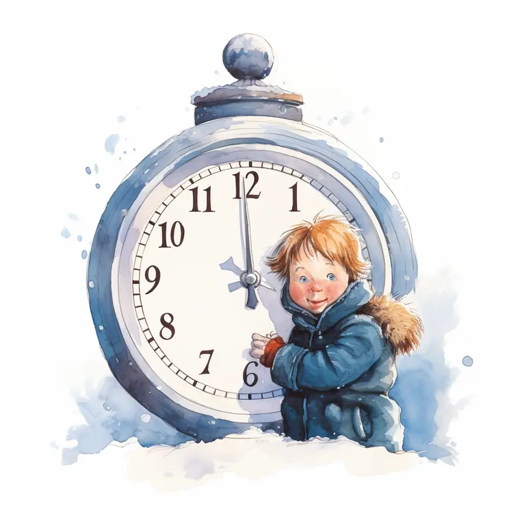 Boy in Winter Coat Hugging a Large Clock