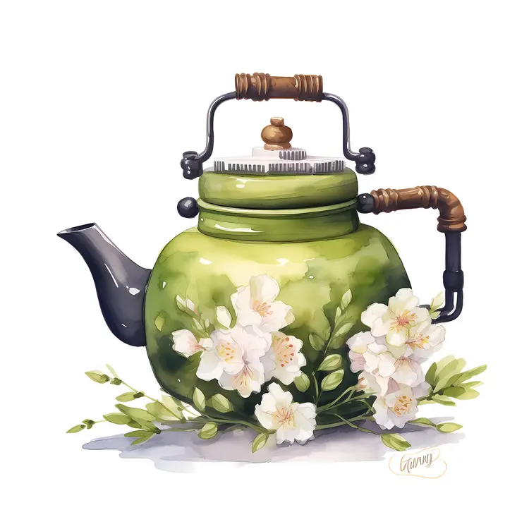 Green Teapot with Floral Decoration