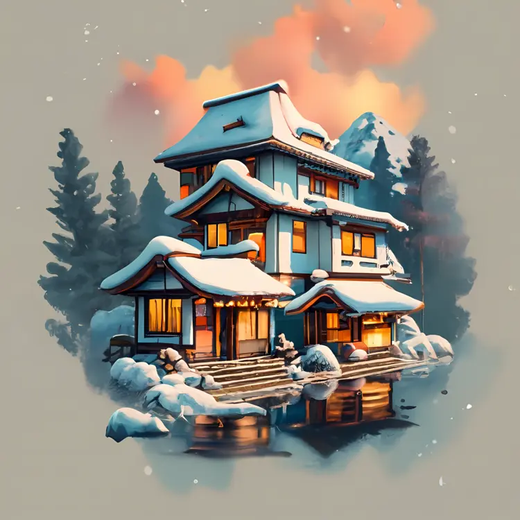 Small cute doodle house in snowy mountain landscape