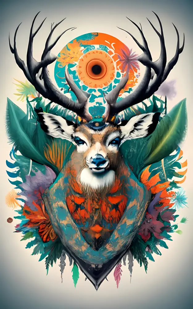 Colorful Artistic Deer with Antlers and Feathers