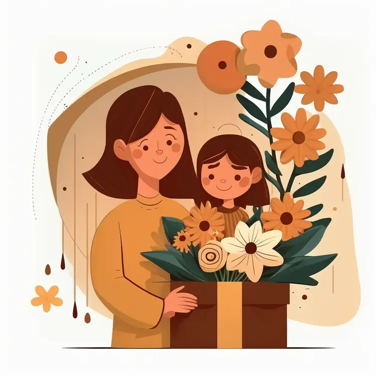Mother and Child with Flower Bouquet for Mother's Day