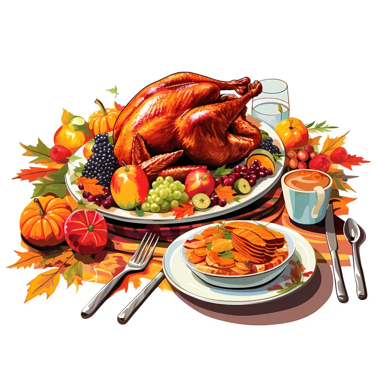 Roasted Turkey with Fruits and Table Setting