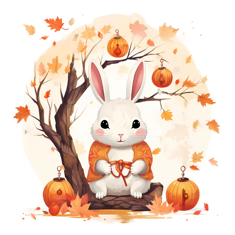 White Rabbit with Lanterns in Orange Outfit