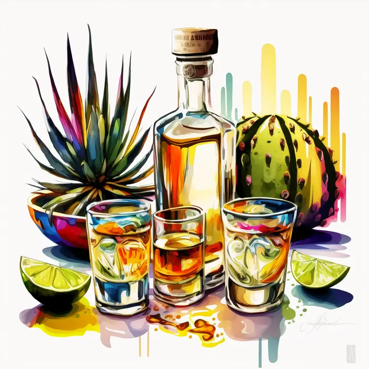 Colorful Tequila Bottle with Agave and Lime