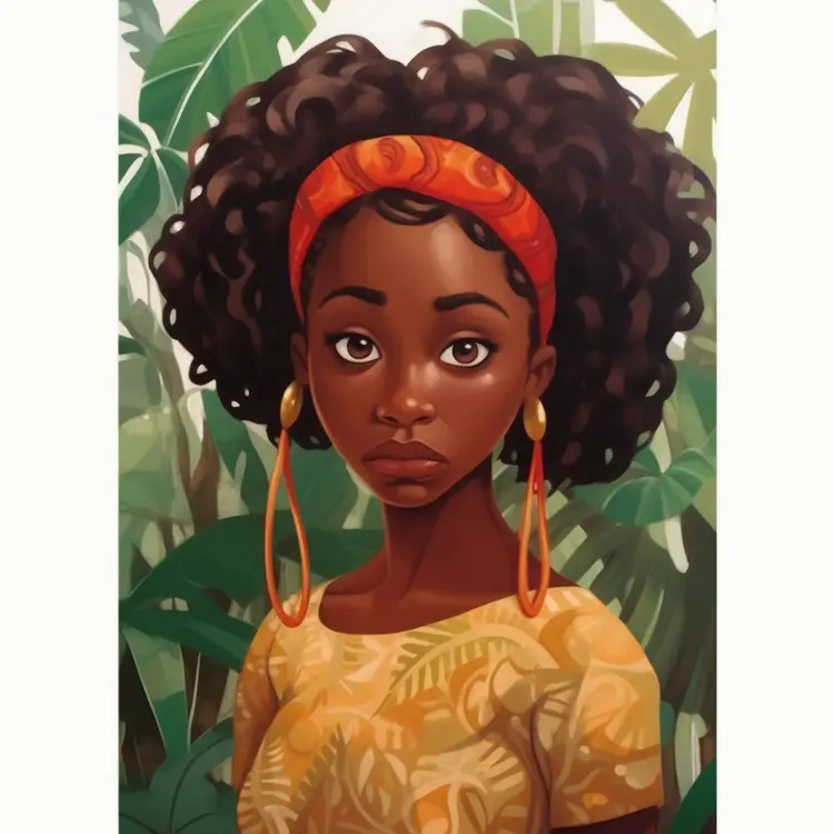 Woman with Curly Hair and Tropical Background