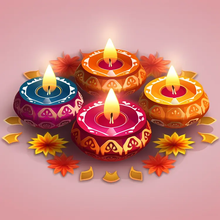 Colorful Diya Lamps with Flowers