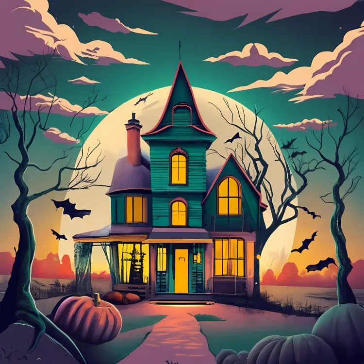 Spooky Haunted House with Bats and Pumpkins