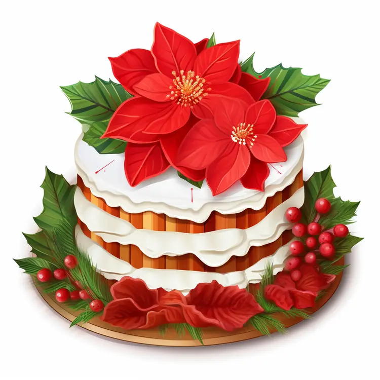 Christmas Cake with Poinsettia Flowers and Berries