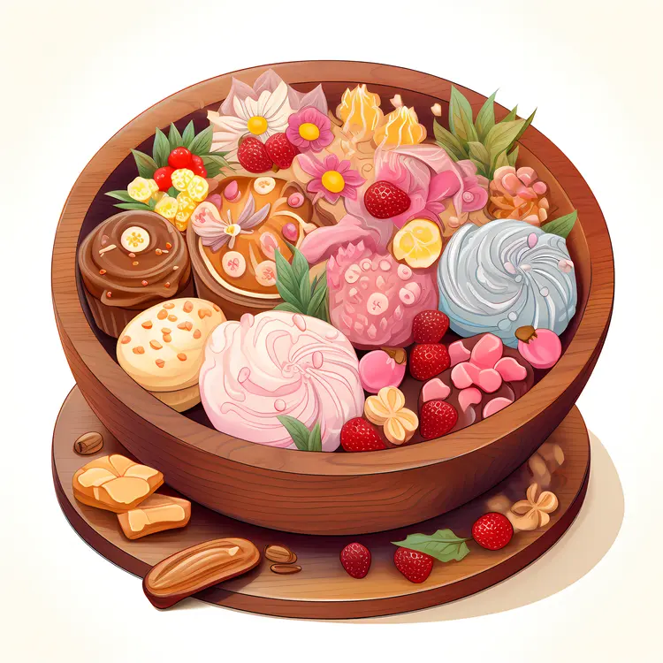 Colorful Desserts in Wooden Bowl