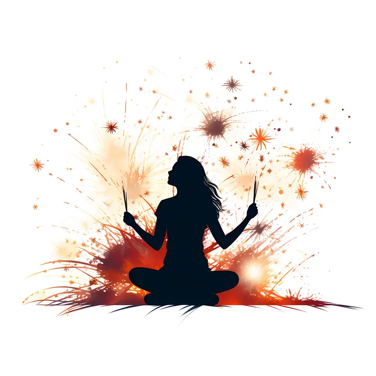 Silhouette of Woman Sitting with Sparklers and Fireworks