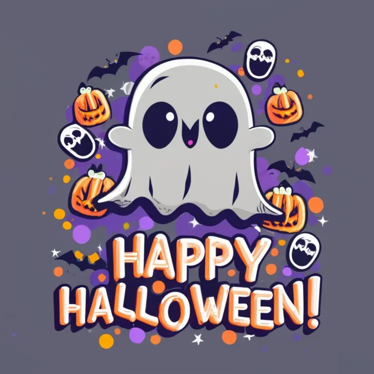 Cute Ghost with Happy Halloween Text