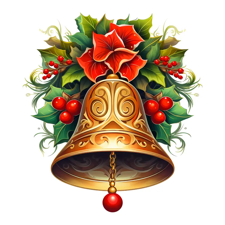 Golden Bell with Holly and Red Berries