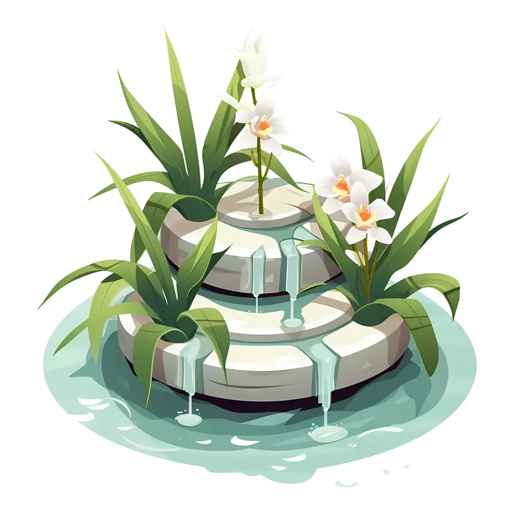 White Orchids on Tiered Stone Fountain