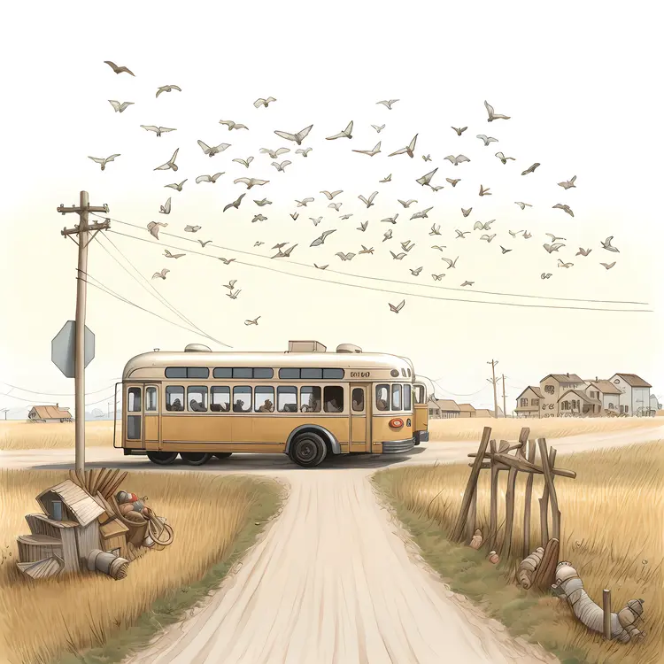Yellow Bus in a Rural Setting with Birds