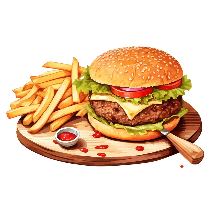 Scrumptious Burger and Fries Illustration