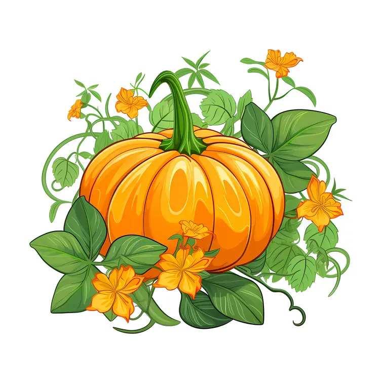Pumpkin with Green Leaves and Yellow Flowers