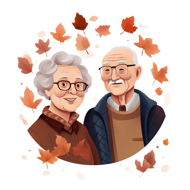 Happy Elderly Couple with Autumn Leaves